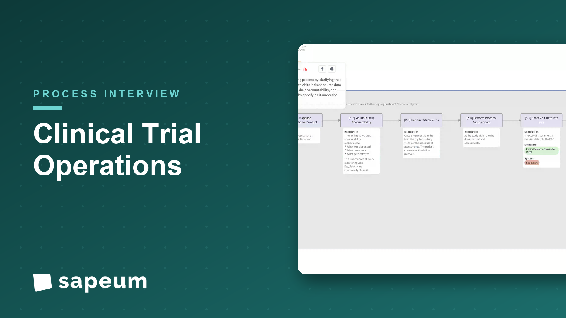 Sapeum live process map. Clinical trial operations: site selection to database lock